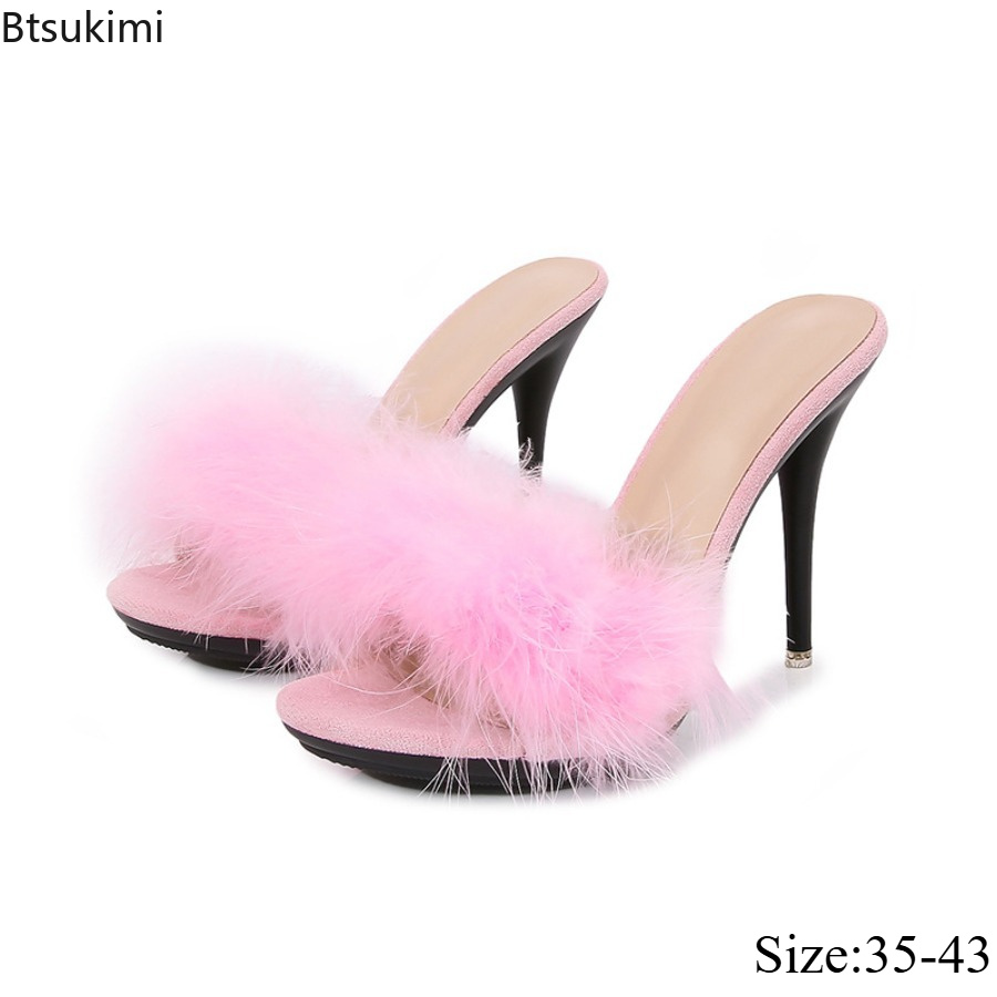 Women'S Shoes Easy Street - Ladies' Hairy Decorative High-heeled Slippers Summer