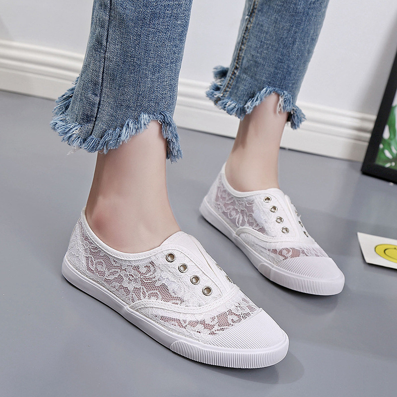 Fashion Lace White Canvas Shoe - Loafer Flat Women 评论和价格