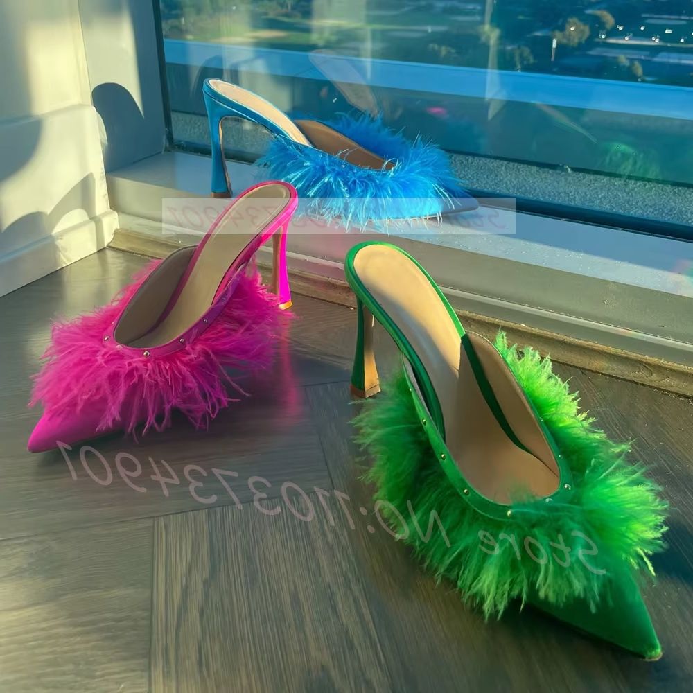 Fluffy Ostrich Feathers Heeled - Court Heel Pointed 评论和价格
