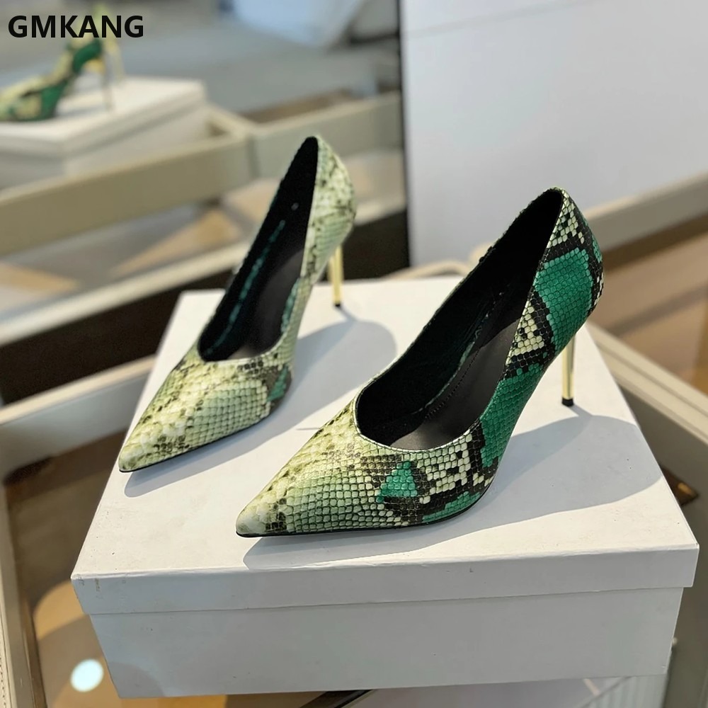 Women Snake Print Pointed Toe  - Court Heel Pointed 评论和价格